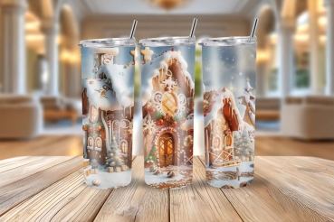 Thermobecher mit Lebkuchenhaus-Motiv, dekoriert mit schneebedeckten Dächern und Weihnachtsdekor. Ideal für Heißgetränke in der Winterzeit, 590 ml.